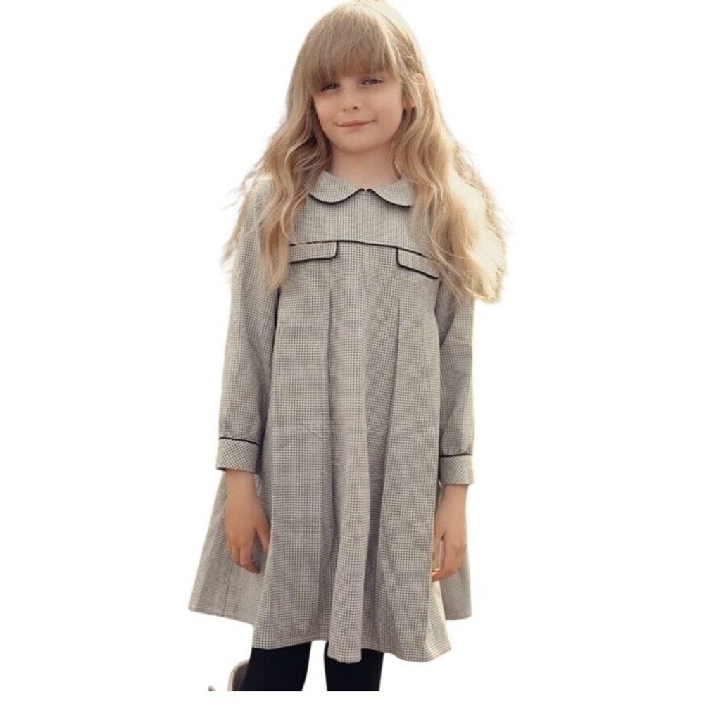 Maniere Kids Black White Micro Check Peter Pan Collar Pleated Dress Size 6